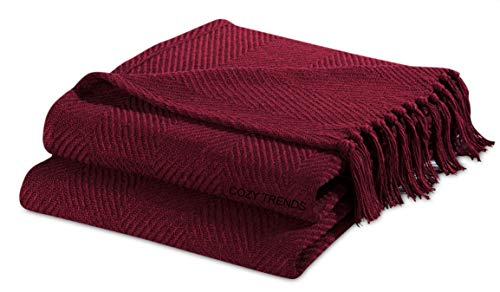 Cozy Home Collection Luxurious Hand Woven Cozy Warm 100% Cotton All Season Light Weight Couch Chair Bed Decorative Throw Blankets Chevron 50x60 Inch Set of 2 (Burgundy)