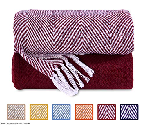 Cozy Home Collection Luxurious Hand Woven Cozy Warm 100% Cotton All Season Light Weight Couch Chair Bed Decorative Throw Blankets Chevron 50x60 Inch Set of 2 (Burgundy)