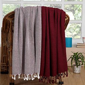 Cozy Home Collection Luxurious Hand Woven Cozy Warm 100% Cotton All Season Light Weight Couch Chair Bed Decorative Throw Blankets Chevron 50x60 Inch Set of 2 (Burgundy)