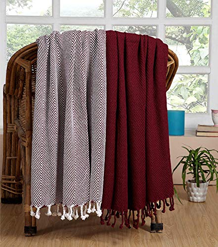 Cozy Home Collection Luxurious Hand Woven Cozy Warm 100% Cotton All Season Light Weight Couch Chair Bed Decorative Throw Blankets Chevron 50x60 Inch Set of 2 (Burgundy)