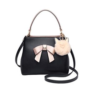 leather handbags for women, cow leather ladies top handle bag with adjustable shoulder strap fluffy ball bow-knot decoration womens small designer crossbody totes girls cute messenger bag (black)