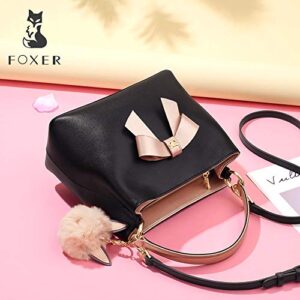 Leather Handbags for Women, Cow Leather Ladies Top Handle Bag with Adjustable Shoulder Strap Fluffy Ball Bow-knot Decoration Womens Small Designer Crossbody Totes Girls Cute Messenger Bag (Black)