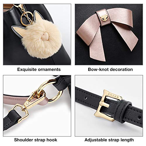 Leather Handbags for Women, Cow Leather Ladies Top Handle Bag with Adjustable Shoulder Strap Fluffy Ball Bow-knot Decoration Womens Small Designer Crossbody Totes Girls Cute Messenger Bag (Black)