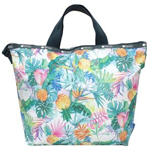 lesportsac lauren roth uluwehi hawaii exclusive easy carry tote crossbody + top handle handbag, style 2431/color k605, vibrant tropical flowers & pineapples, lauren roth signature printed on pattern