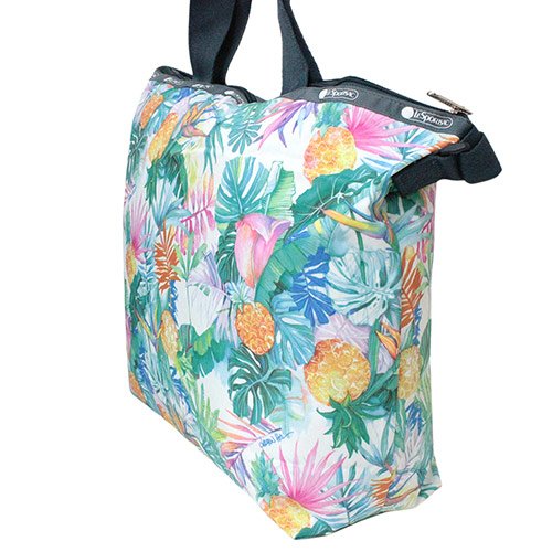 LeSportsac Lauren Roth Uluwehi HAWAII EXCLUSIVE Easy Carry Tote Crossbody + Top Handle Handbag, Style 2431/Color K605, Vibrant Tropical Flowers & Pineapples, Lauren Roth Signature Printed on Pattern