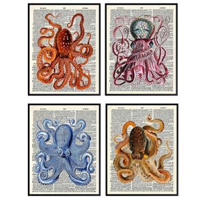 vintage octopus wall decor – dictionary wall art picture set of four – 8×10 retro upcycled room decor prints – gift for steampunk, goth fans