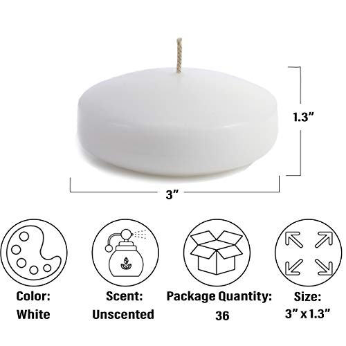 CandleNScent Unscented Floating Candles | Large 3 Inch - Fits in 3 Inch Vase and Above | White| Floats On Water | Made in USA (Pack of 36)