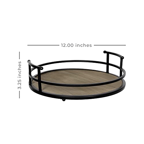 Stratton Home Decor Metal and Wood Tray - Farmhouse Round Tabletop Tray for Table Decoration - Rustic Ornament for Coffee Tables, Credenza, Countertop - Black Handles, Matt Surface - Housewarming Gift