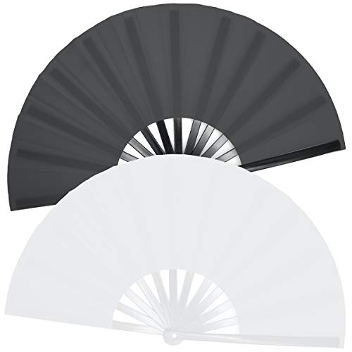 OMyTea Large Rave Clack Folding Hand Fans for Men/Women - Chinese Japanese Kung Fu Tai Chi Handheld Fans - for EDM, Music Festival, Club, Event, Party, Dance, Performance, Decoration (Black & White)