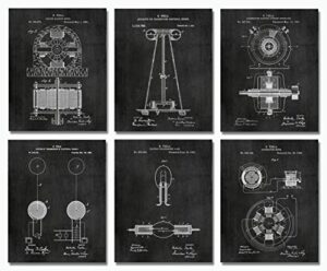 nikola tesla gifts for engineers – steampunk wall decor six (8″x10″) unframed wall art patent prints – industrial artwork home decor – electrical, coil, nerd, geek, science, physics decorations