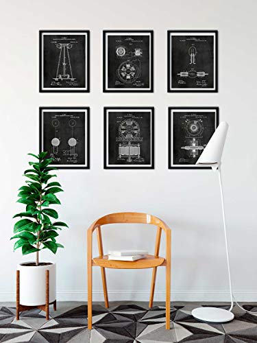 Nikola Tesla Gifts for Engineers - Steampunk Wall Decor SIX (8"x10") UNFRAMED Wall Art Patent Prints - Industrial Artwork Home Decor - Electrical, Coil, Nerd, Geek, Science, Physics Decorations