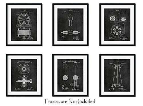 Nikola Tesla Gifts for Engineers - Steampunk Wall Decor SIX (8"x10") UNFRAMED Wall Art Patent Prints - Industrial Artwork Home Decor - Electrical, Coil, Nerd, Geek, Science, Physics Decorations