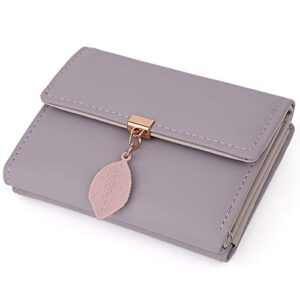 UTO Small Wallet for Women PU Leather Leaf Pendant Card Holder Organizer Coin Purse Light Purple