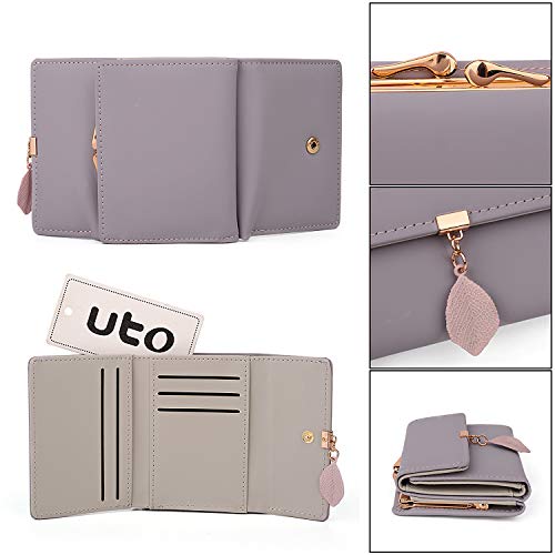 UTO Small Wallet for Women PU Leather Leaf Pendant Card Holder Organizer Coin Purse Light Purple