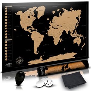 Global Zoom Scratch-Off World Map with US States-Track Travel Routes, Iconic Landmarks and World Wonders -Thick, Laminated Large Poster for Wall (24"x36") - Includes Scratch Tool and Cleaning Cloth