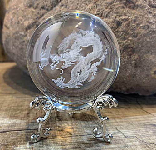 HDCRYSTALGIFTS Crystal 2.4 inch (60mm) Chinese Dragon Crystal Ball with Sliver-Plated Flowering Stand,Fengshui Glass Loong Ball Home Decoration