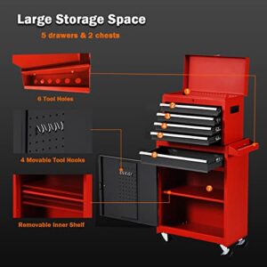 Goplus Rolling Tool Chest, 5-Drawer Tool Box Organizer w/Lockable Wheels & Sliding Drawers & Detachable Top & Adjustable Shelf, Tool Storage Cabinet for Garage Workshop (Red+Black)