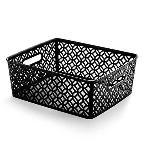 BINO l Plastic Storage Bins, Large - Black l THE BLOSSOM COLLECTION l Multi-Use Organizer Bin l Built-in Handles l Plastic Woven Basket for Organizing l Pantry Storage Basket l Home Organizing Basket