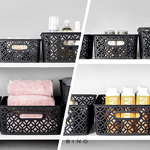 BINO l Plastic Storage Bins, Large - Black l THE BLOSSOM COLLECTION l Multi-Use Organizer Bin l Built-in Handles l Plastic Woven Basket for Organizing l Pantry Storage Basket l Home Organizing Basket