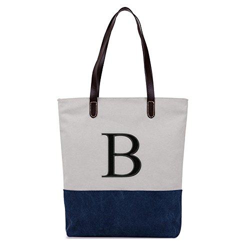 Embroidered Monogram Name Duotone Blue Women Casual Canvas Shoulder Bags Bag Messenger Bag Zipper Tote Bags