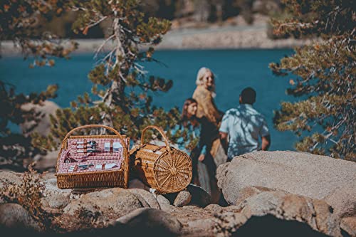 PICNIC TIME - Barrel Wicker Picnic Basket for 2 - Picnic Set - Wine Picnic Basket, (Red & White Gingham Pattern)