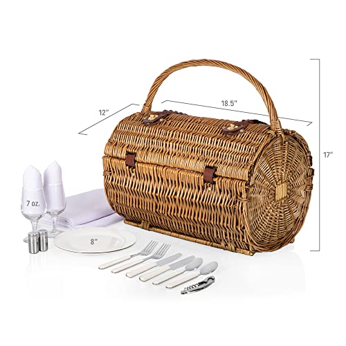 PICNIC TIME - Barrel Wicker Picnic Basket for 2 - Picnic Set - Wine Picnic Basket, (Red & White Gingham Pattern)