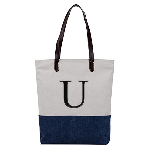 Embroidered Monogram Name Duotone Blue Women Casual Canvas Shoulder Bags Bag Messenger Bag Zipper Tote Bags