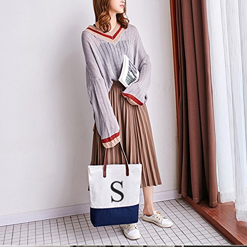 Embroidered Monogram Name Duotone Blue Women Casual Canvas Shoulder Bags Bag Messenger Bag Zipper Tote Bags