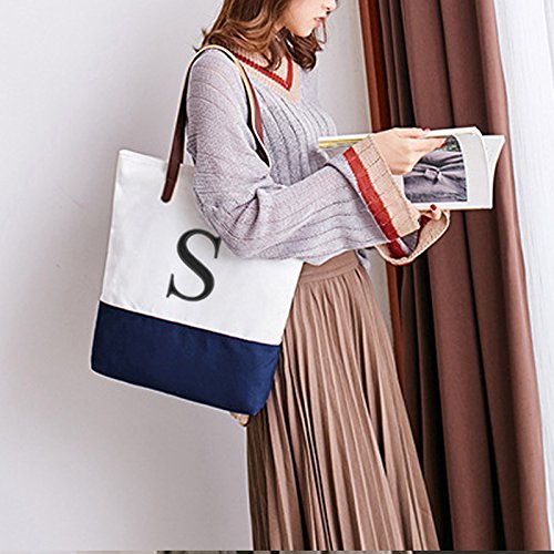 Embroidered Monogram Name Duotone Blue Women Casual Canvas Shoulder Bags Bag Messenger Bag Zipper Tote Bags