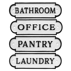 auldhome farmhouse decor metal signs, set of 4 decorative cast iron door room plaques with “pantry”, office”, bathroom” and “laundry”