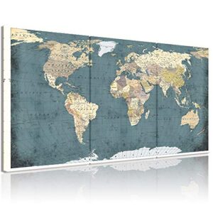 WELMECO Large 3 Pieces Vintage Blue Map of The World Canvas Prints Retro Detailed Push Pins World Travel Map Canvas Art Living Room Office Decoration (Rustic)