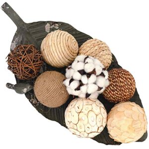 idyllic decorative balls for bowls natural wicker 3 inches rattan woven twig orbs, string and cotton balls spherical vase fillers for centerpieces – bag of 8 brown and white