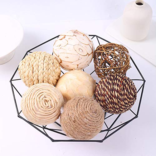 idyllic Decorative Balls for Bowls Natural Wicker 3 Inches Rattan Woven Twig Orbs, String and Cotton Balls Spherical Vase Fillers for Centerpieces - Bag of 8 Brown and White