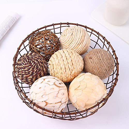 idyllic Decorative Balls for Bowls Natural Wicker 3 Inches Rattan Woven Twig Orbs, String and Cotton Balls Spherical Vase Fillers for Centerpieces - Bag of 8 Brown and White