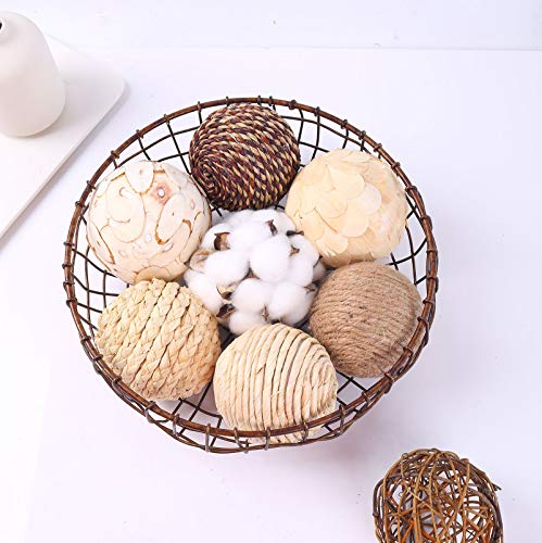 idyllic Decorative Balls for Bowls Natural Wicker 3 Inches Rattan Woven Twig Orbs, String and Cotton Balls Spherical Vase Fillers for Centerpieces - Bag of 8 Brown and White