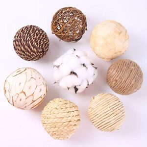 idyllic Decorative Balls for Bowls Natural Wicker 3 Inches Rattan Woven Twig Orbs, String and Cotton Balls Spherical Vase Fillers for Centerpieces - Bag of 8 Brown and White