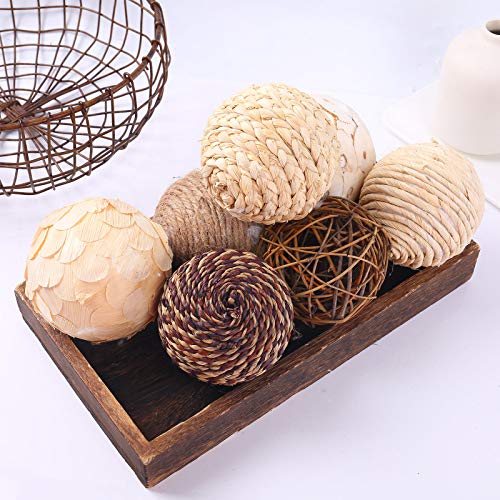 idyllic Decorative Balls for Bowls Natural Wicker 3 Inches Rattan Woven Twig Orbs, String and Cotton Balls Spherical Vase Fillers for Centerpieces - Bag of 8 Brown and White