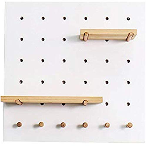 Creation Core Wooden Pegboard with 2 Floating Shelves & 6 Pegs Hooks Wall Storage Organizer System for Office Home Kitchen Decor 15.7x15.7, White