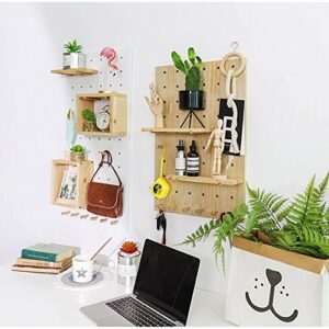 Creation Core Wooden Pegboard with 2 Floating Shelves & 6 Pegs Hooks Wall Storage Organizer System for Office Home Kitchen Decor 15.7x15.7, White