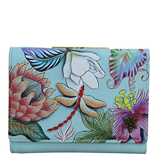 Anuschka Hand-Painted Genuine Leather Women's RFID Blocking Small Flap French Wallet - Jardin Bleu