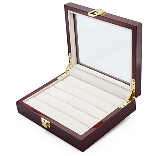 HAWSON Wood Jewelry Case with Glass Top Ring Storage Organizer for Men and Women Jewelry Storage