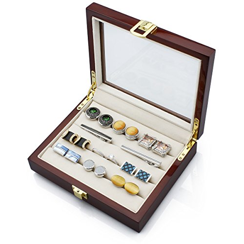 HAWSON Wood Jewelry Case with Glass Top Ring Storage Organizer for Men and Women Jewelry Storage