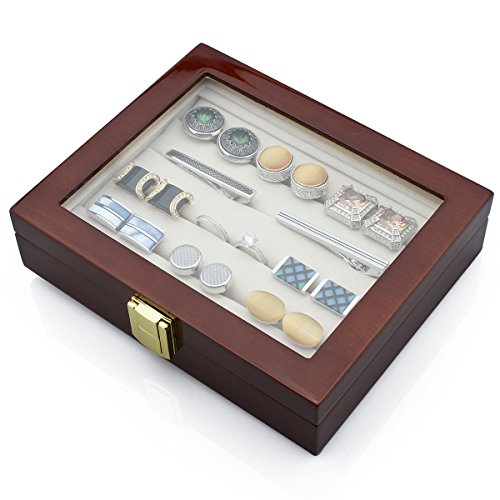 HAWSON Wood Jewelry Case with Glass Top Ring Storage Organizer for Men and Women Jewelry Storage