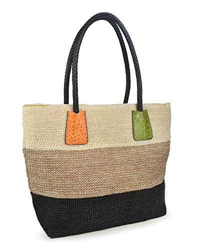 HOXIS Color Block Crocodile Pattern Stripes Woven Synthetic Straw Tote Womens Shoulder Vacation bag (Khaki)