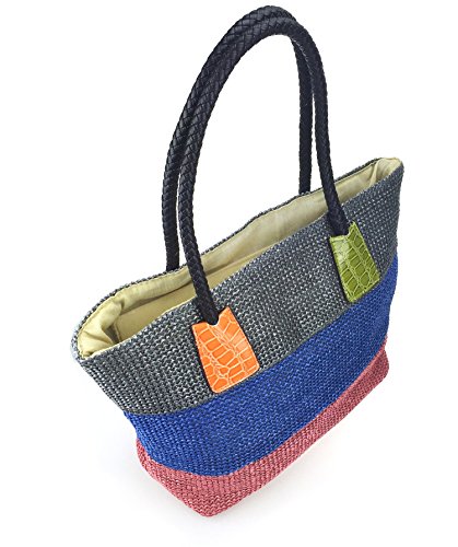 HOXIS Color Block Crocodile Pattern Stripes Woven Synthetic Straw Tote Womens Shoulder Vacation bag (Khaki)