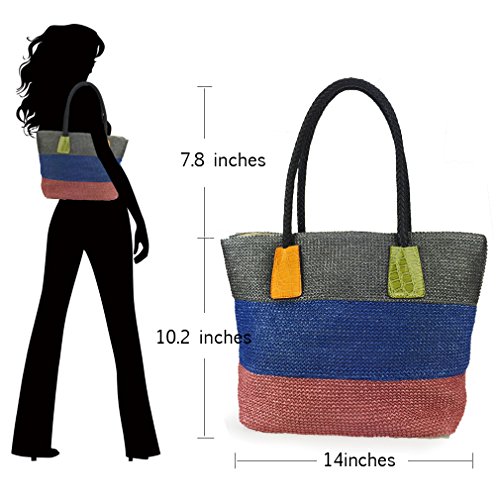 HOXIS Color Block Crocodile Pattern Stripes Woven Synthetic Straw Tote Womens Shoulder Vacation bag (Khaki)