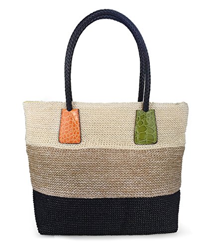 HOXIS Color Block Crocodile Pattern Stripes Woven Synthetic Straw Tote Womens Shoulder Vacation bag (Khaki)