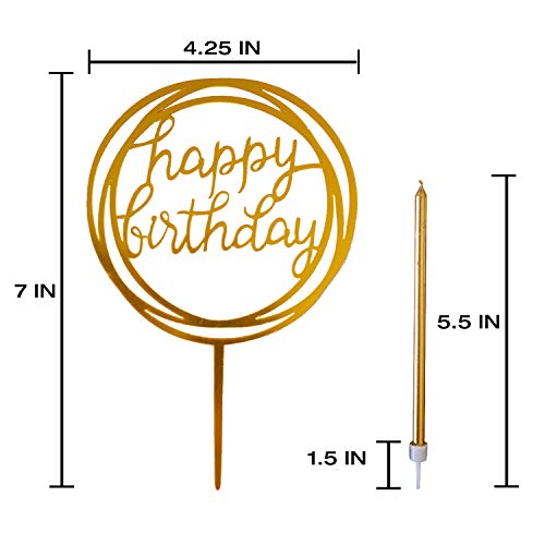 24 Count Tall Thin Metallic Gold Slow Burning Birthday Candles in Holders with Matching Elegant Classy Cake Topper for Special Custom Birthday Cake Cupcake Candle Decorations by Dream VZN