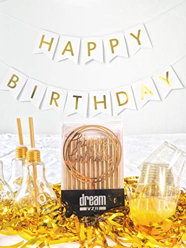 24 Count Tall Thin Metallic Gold Slow Burning Birthday Candles in Holders with Matching Elegant Classy Cake Topper for Special Custom Birthday Cake Cupcake Candle Decorations by Dream VZN