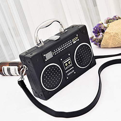 CLARA Vintage Radio Shaped Crossbody Bag Clip Clasp Shoulder Bag PU Leather Top Handle Purse Black
